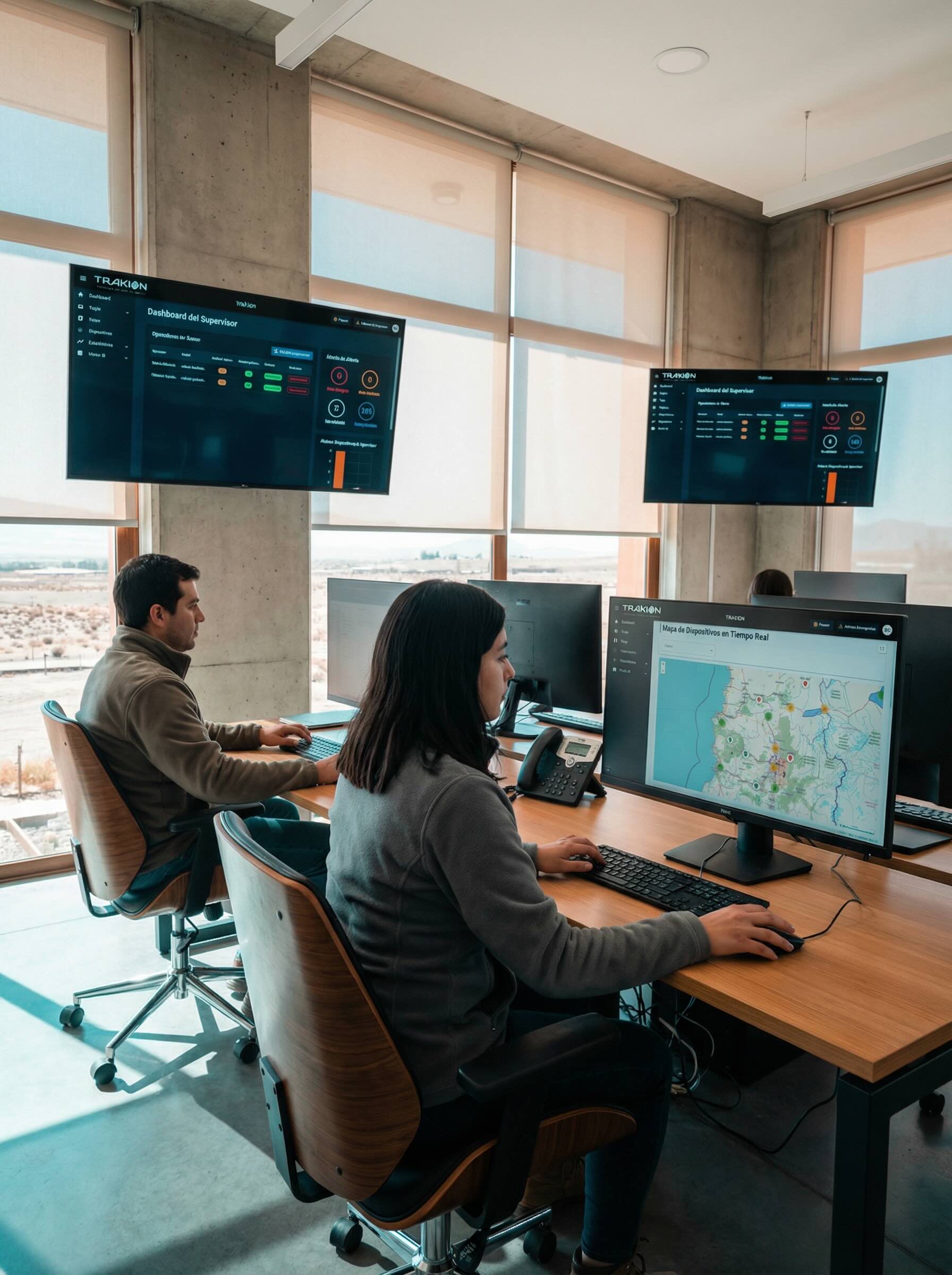 Centro de monitoreo con la plataforma Trakion de gestión de flotas en pantalla