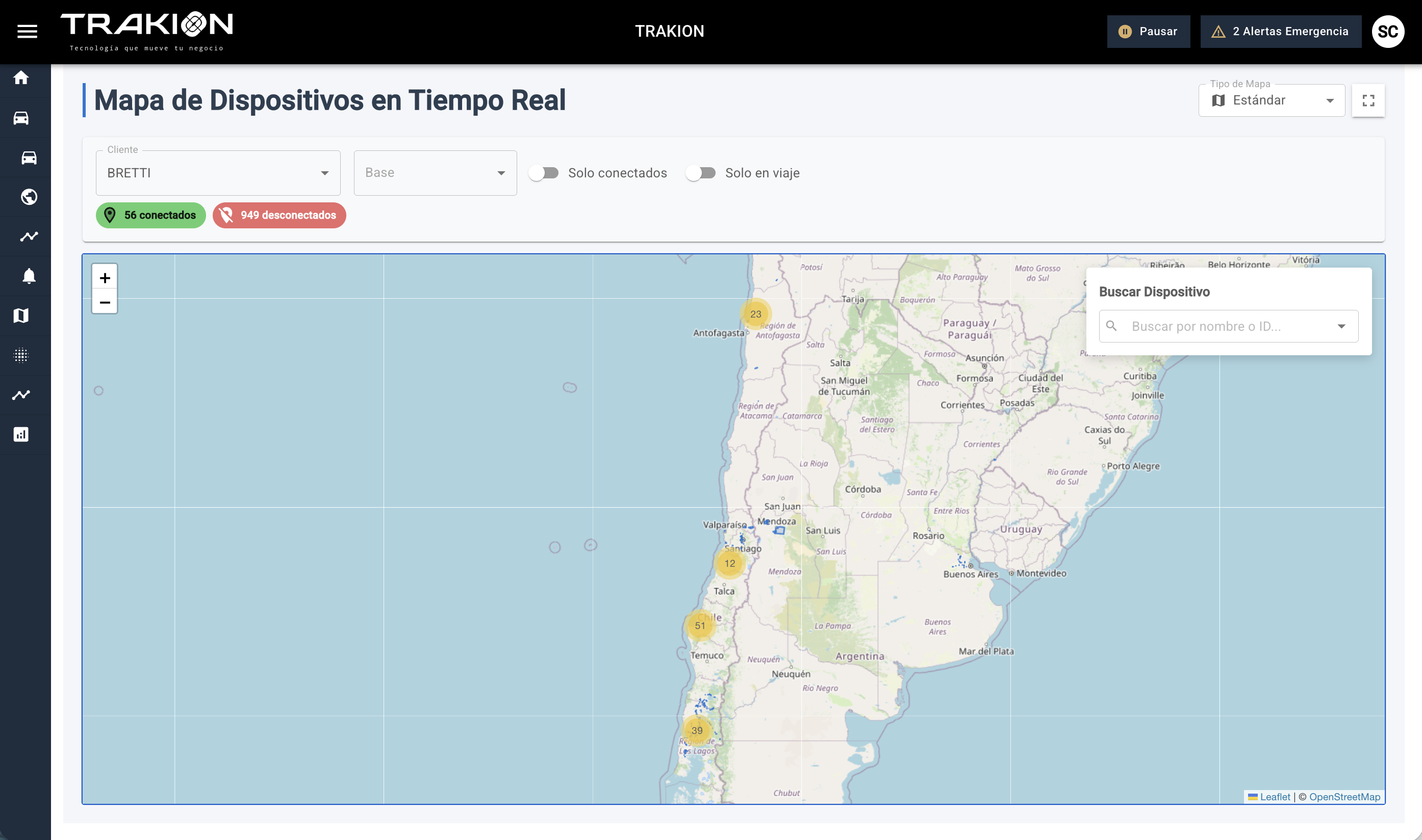 Mapa de dispositivos GPS en tiempo real — plataforma Trakion monitoreo de flotas Chile