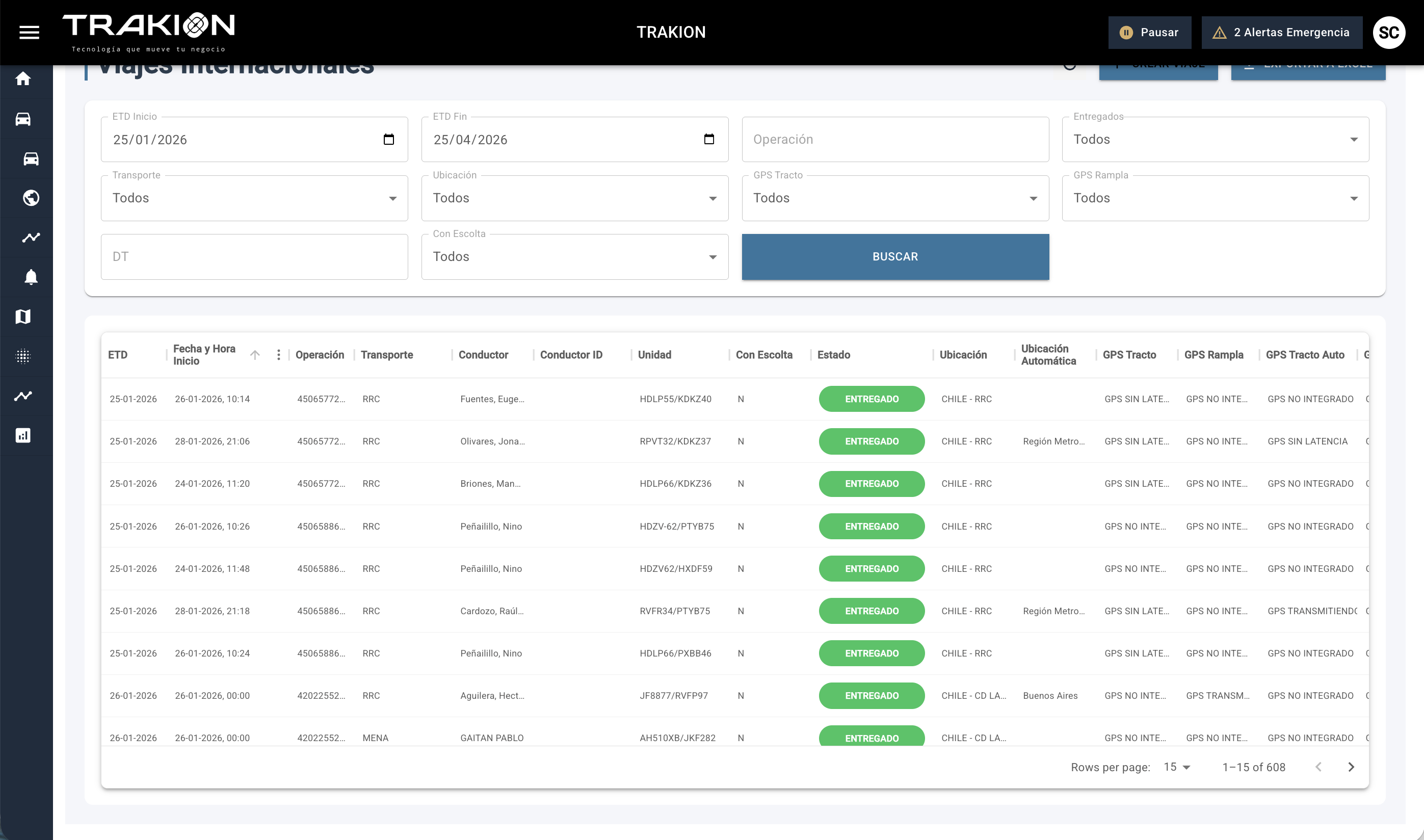 Control y trazabilidad de viajes en la plataforma Trakion — gestión de flotas Chile